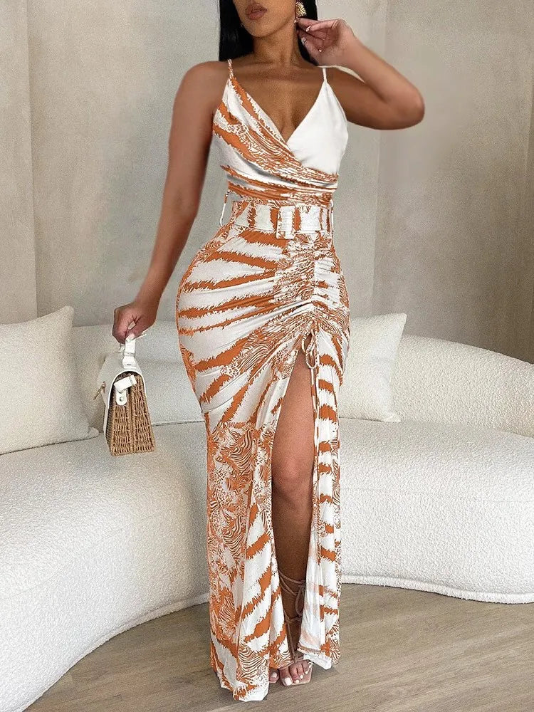 New 2023 Spring Summer Women's Strap Dress Casual Fashion Print V-neck Strap Slim Fit Sexy Split Drawstring Women's Strap  Dress - THAT FASHION STORE