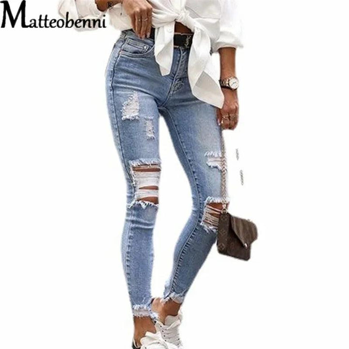 2024 New Summer Ripped Light Blue Jeans Women's Slim Knee Cut Hole Length Casual Pencil Pants Retro Jeans-THAT FASHION STORE