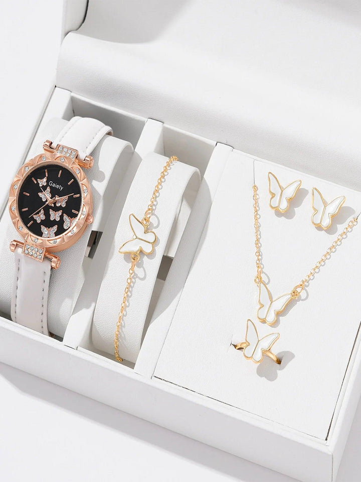 6 Luxury Watches Women's Ring Necklace Earrings Bracelet Set Watch Butterfly Leather strap Women's Quartz Watch No case-THAT FASHION STORE