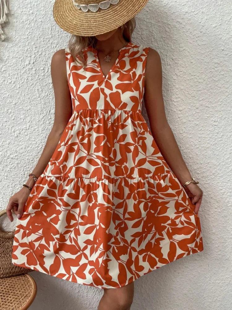 Women Boho Print Mini Dress Summer Elegant Sleeveless V Neck Ruffle A Line Tank Dress Casual Loose Oversize Beach Party Sundress-THAT FASHION STORE