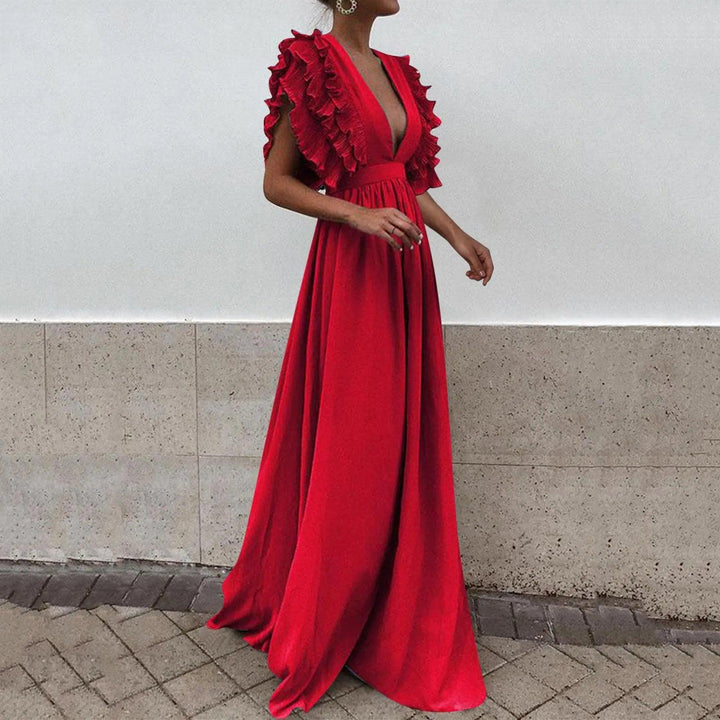 Formal Party Dress Women Sexy Deep V-Neck Long Dress Solid Color Elegant Flying Sleeves Backless Maxi Evening Dresses Robe-THAT FASHION STORE