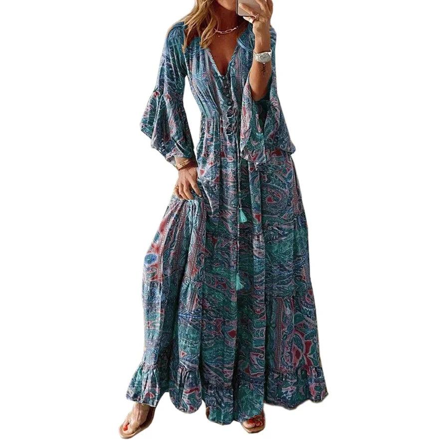 CYDNEE New Boho Paisley Print Dress Women Elegant V Neck Short Sleeve Summer Large Hem Long Dress Vintage Beach Party Maxi Dress-THAT FASHION STORE