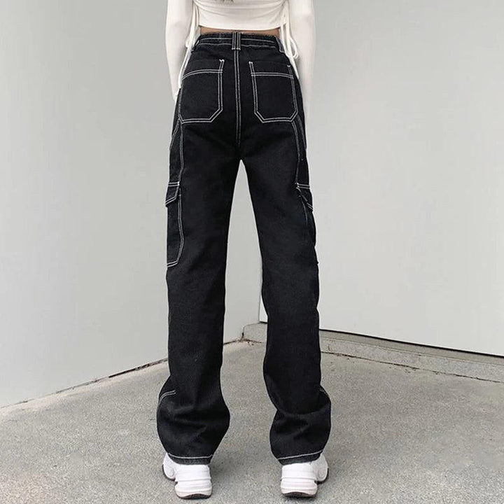 Streetwear Pockets Black Cargo Jeans Women High Waist Straight Denim Trousers Woman 2023 Harajuku Wide Leg Long Pants-THAT FASHION STORE