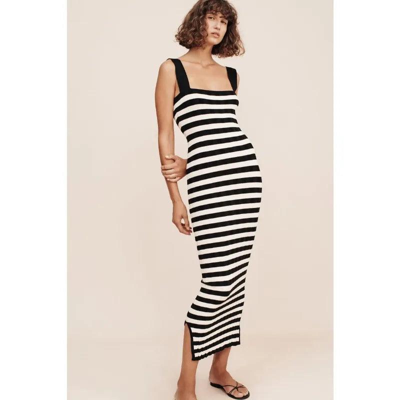 Striped High Waist Backless Maxi Dress Women Contrast Split Slim Fashion Off-Shoulder Autumn 2024 Party Dress Streetwear-THAT FASHION STORE