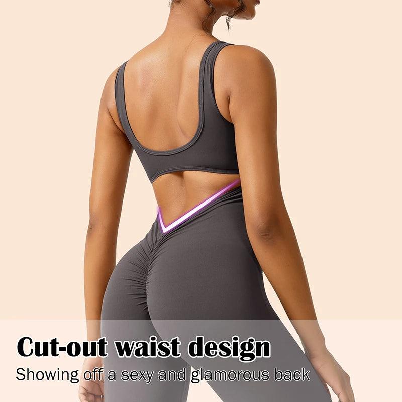 Casual Dancing Pants Streetwear Fashion Women Hollow Back Yoga Long Jumpsuit Round Neck Sleeveless Solid Color Training Outfit-THAT FASHION STORE