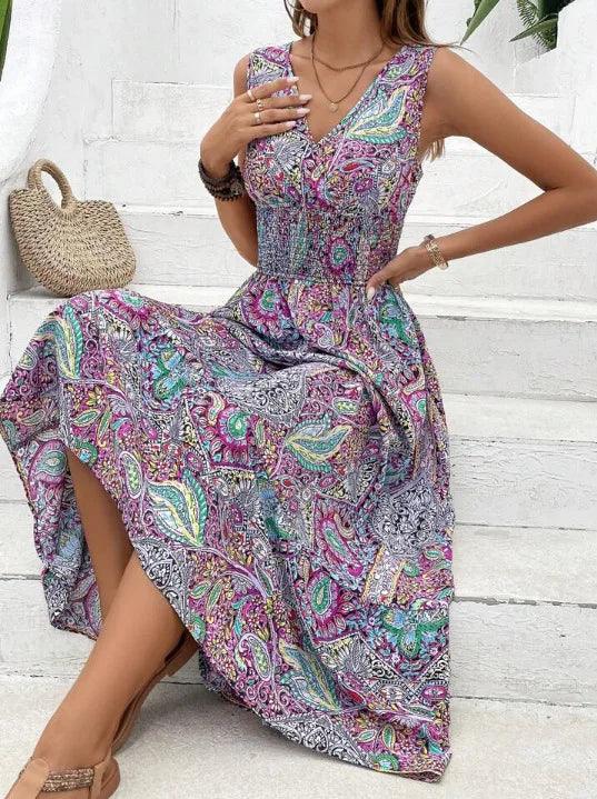 Fashion Bohemian Style Printed Sleeveless Dresses Women Sexy V-neck High Waist A-line Long Dress Casual Elegant Vestido Feminino-THAT FASHION STORE