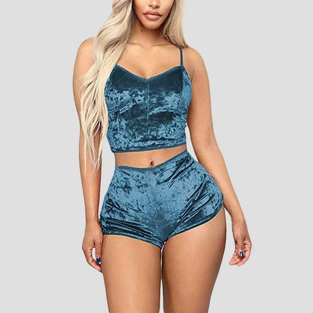 Women's Velvet Sleeveless V-neck Underwear Polyester Setcamisole+shorts Pajamas Set Comfortable Home Clothes Top Pants-THAT FASHION STORE