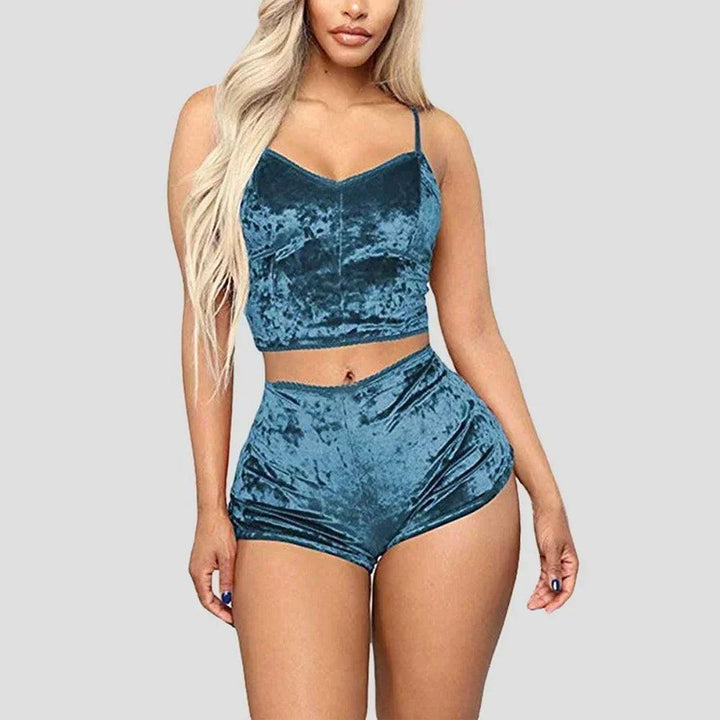 Women's Velvet Sleeveless V-neck Underwear Polyester Setcamisole+shorts Pajamas Set Comfortable Home Clothes Top Pants-THAT FASHION STORE