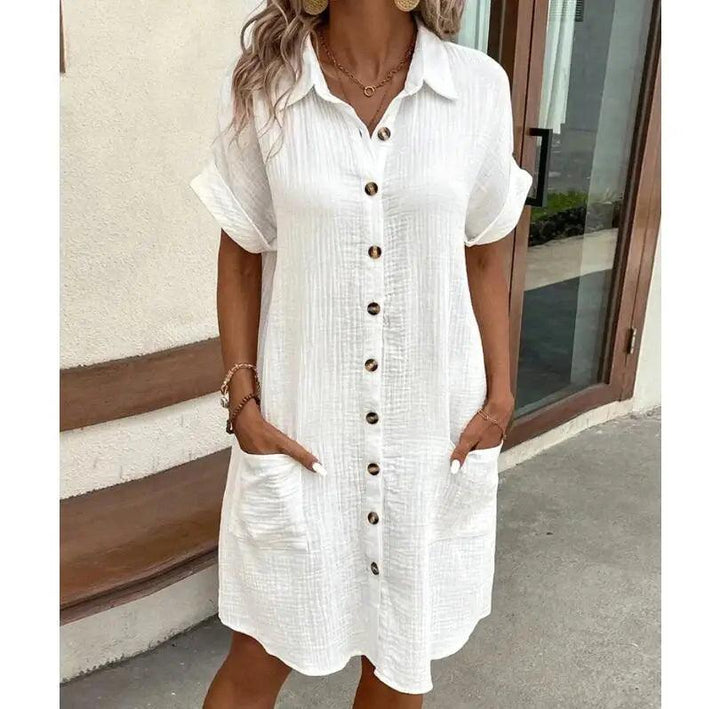 Summer Solid Simple Short Sleeve Shirt Dress Women's Turn-down Collar Single Breasted Casual Elegant Ladies Loose Dresses-THAT FASHION STORE