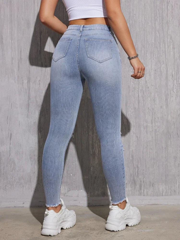 Women Stretch Skinny Ripped Jeans Lady High Waist Hole Denim Pants Zipper Button Fly Pockets Solid Color Denim Pencil Trousers-THAT FASHION STORE