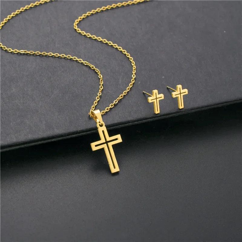 New Stainless Steel Heart Cross Pendant Charm Necklace & Earrings Hollow Chian Choker Jewelry Set For Women Accessories Gift-THAT FASHION STORE