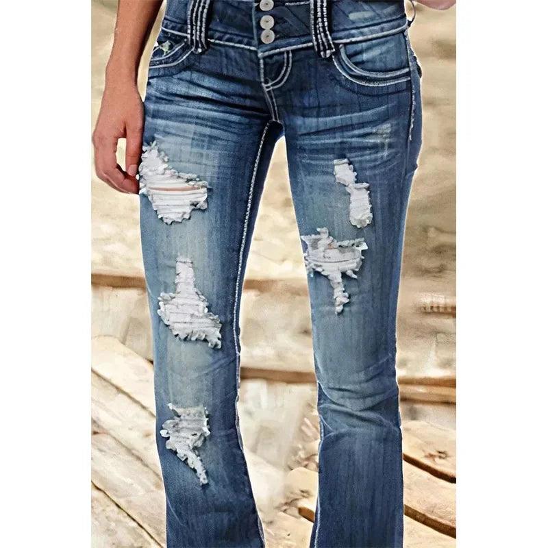 Mid Waist Flared Jeans Women Button Casual Straight Leg Pants New 2023 Summer Pocket Hole Female Loose Office Lady Slim Pants-THAT FASHION STORE