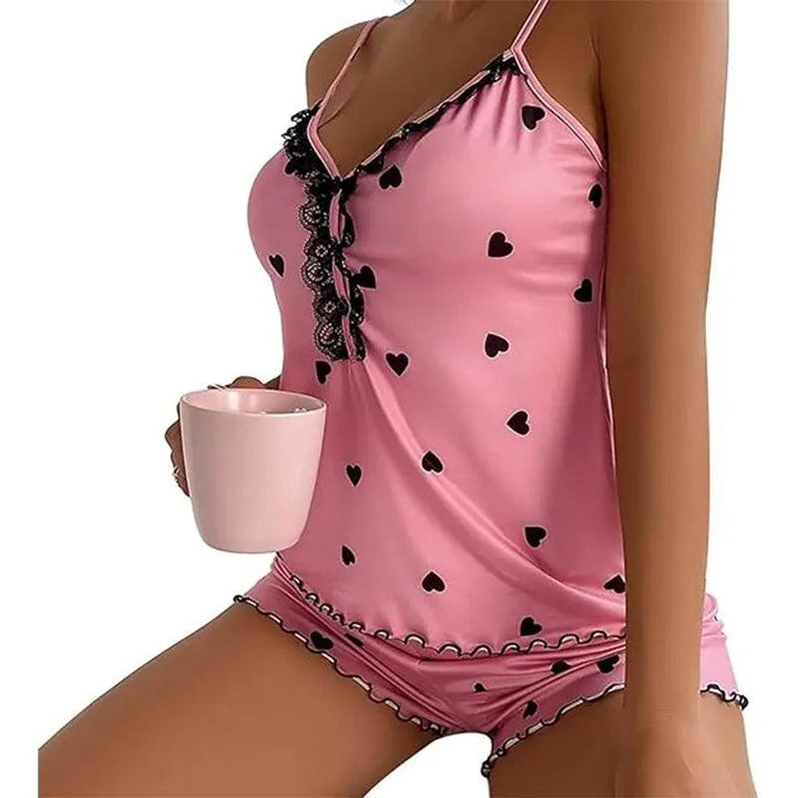 Sexy Summer Two Pieces Women Pajamas Set Deep V-Neck Tops And Shorts Pajama Suit Ladies Sleeveless Nightwear For Female-THAT FASHION STORE