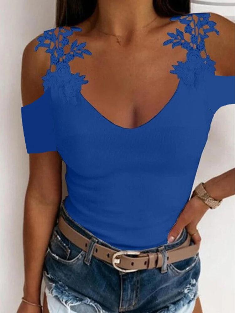 Sexy Off Shoulder Lace Short sleeved Women's Solid V-neck T-shirt Top-THAT FASHION STORE