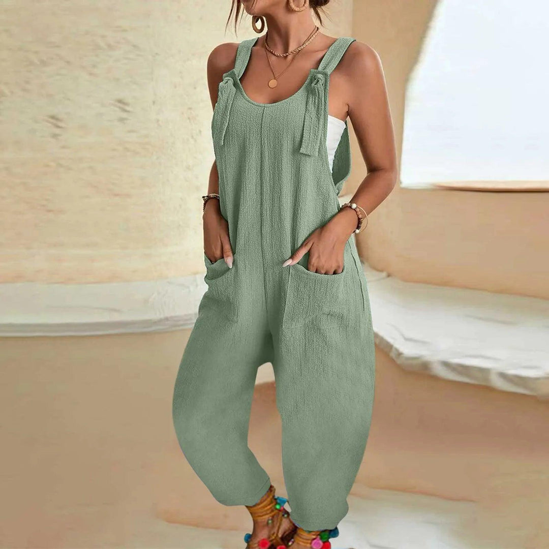 Women's Casual Summer Short Rompers Overalls 2024 Loose Sleeveless Tie Knot Strap Jumpsuits with Pockets Loose Casual Romper-THAT FASHION STORE