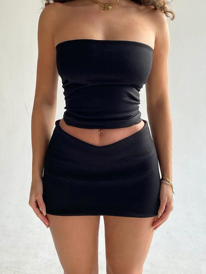 Hugcitar Solid Sleeveless Folds Tube Crop Top Skirts 2 Piece Matching Set Summer Fashion Streetwear Beach Clothing Drop Shipping-THAT FASHION STORE