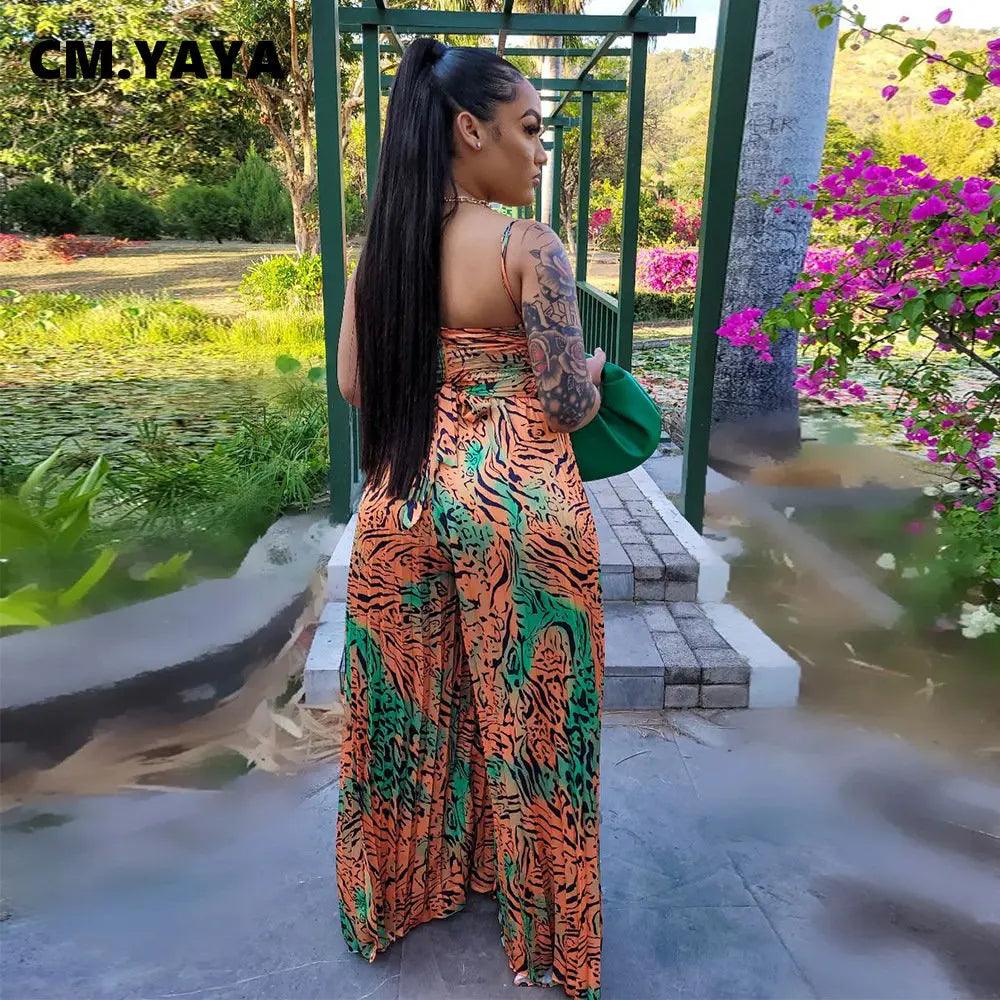 CM.YAYA Women Leopard Spaghetti Strap Loose Wide Leg Sleeveless Jumpsuit 2023 Summer Street Playsuit One Piece Suit Romper-THAT FASHION STORE