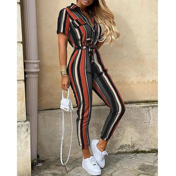 Summer Women's New Fashion Flip Collar Button Print Belt Lace Up Work Dress Casual Capris Jumpsuit Office-THAT FASHION STORE