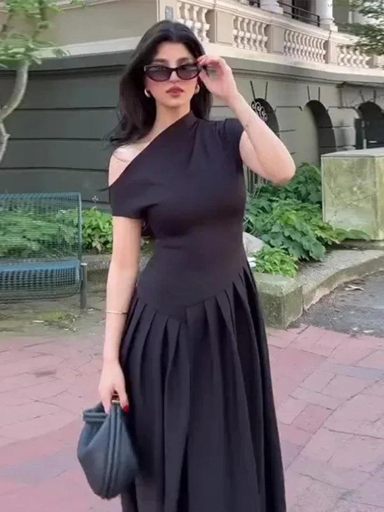 Elegant Off Shoulder Dress For Women Summer Short Sleeve Fold Long Dresses Female 2024 Fashion Solid Holiday Lady Vestidos-THAT FASHION STORE