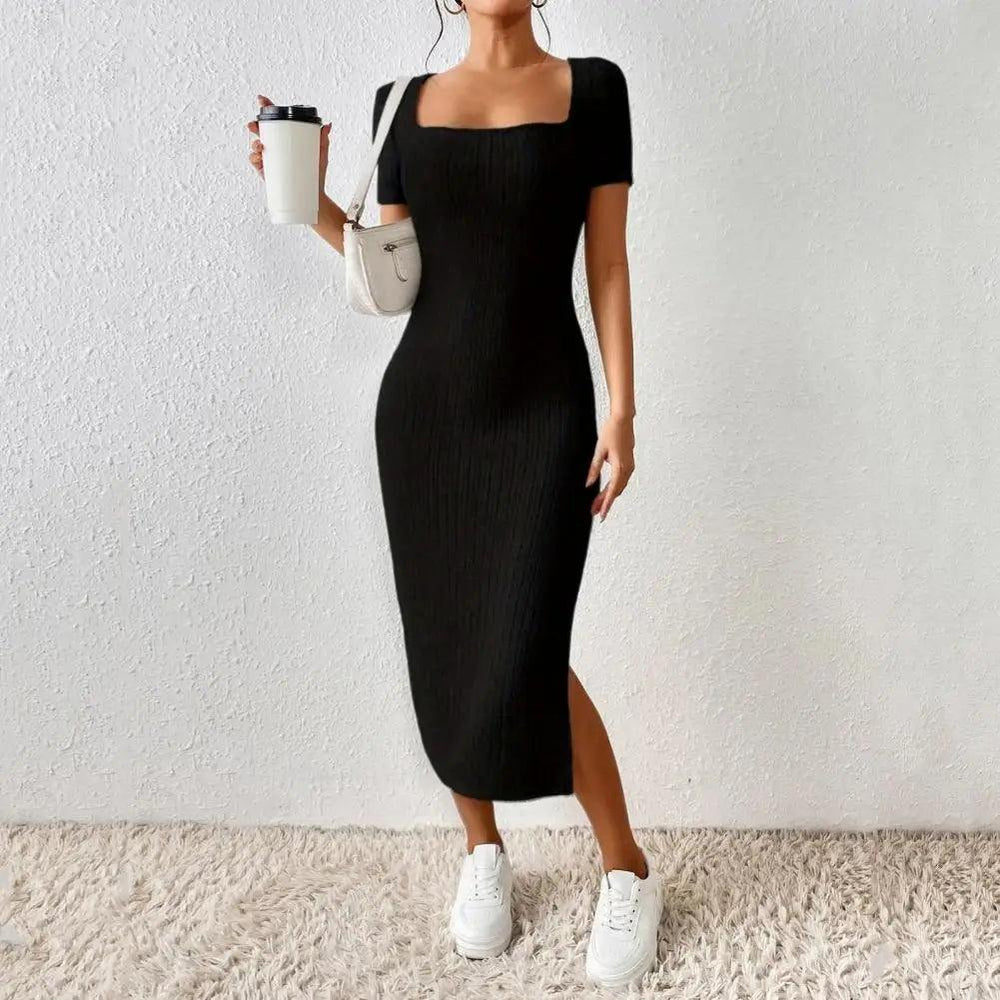 Solid Color Square Neckline Dress Elegant Square Neck Knitted Midi Dress for Women Solid Color Party Commute Dress with Short-THAT FASHION STORE