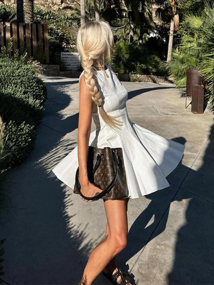 Elegant Pleated Mini Dress Women Fashion Sleeveless High Waist A-line Dresses 2024 Summer White Slim Stripe Casual Lady Vestidos-THAT FASHION STORE