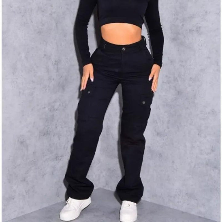 Women High Waist High Elastic Solid Jeans 2023 New Autumn Jeans Women Workwear with Pocket Denim Straight-Leg Pants Cargo Pants-THAT FASHION STORE