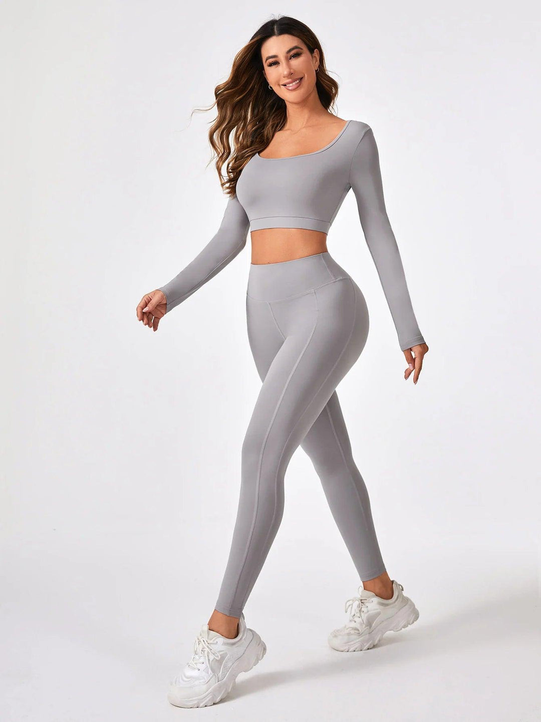 2 Pieces Long Sleeve Yoga Pilates Sports Suits Quick Dry Elastic Slim Fit Tracksuit Running Workout Breathable Training Wear-THAT FASHION STORE