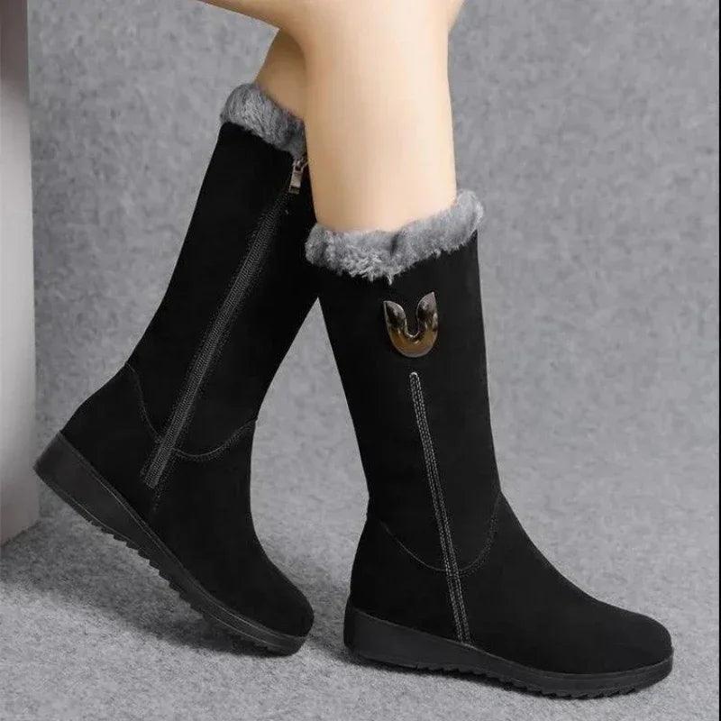 Women's Shoes Fashion Women Warm Chelsea High Fur Boots 2024 New Women Boots Mid-calf Plush Snow Flat Boots Zapatos Para Mujeres-THAT FASHION STORE