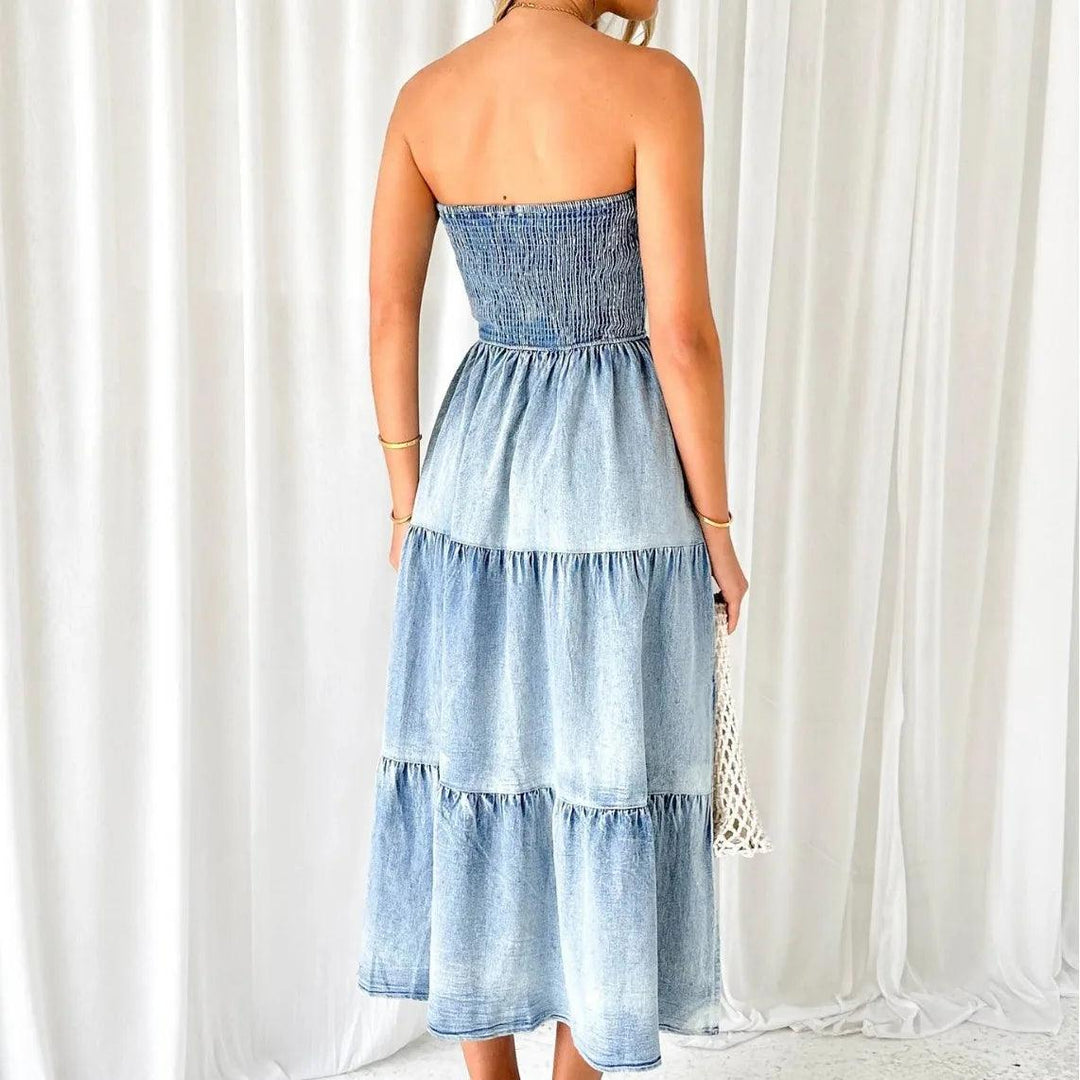 2024 New Elegant Holiday Strapless Long Dress for Summer Vestidos Hem Stitching Side Split Fashion Women Denim Long Dress-THAT FASHION STORE