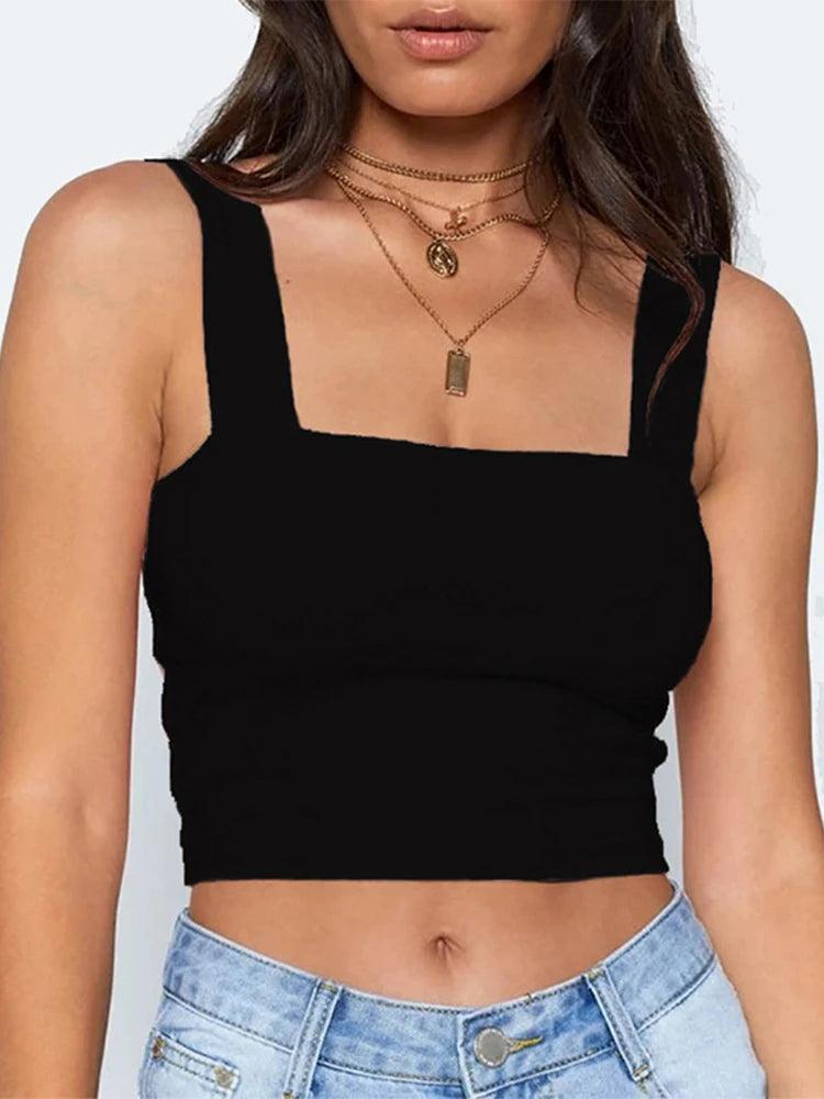 Square Neck Sleeveless Summer Crop Top White Women Black Casual Basic T Shirt Off Shoulder Cami Sexy Backless Tank Top-THAT FASHION STORE