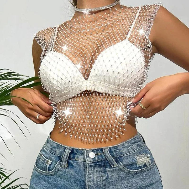 Crystal Beading Shiny Tanks Summer Girls Party Club Sexy Hollow Out Rhinestones Camis Winky Cropped Navel Sleeveless Vest-THAT FASHION STORE