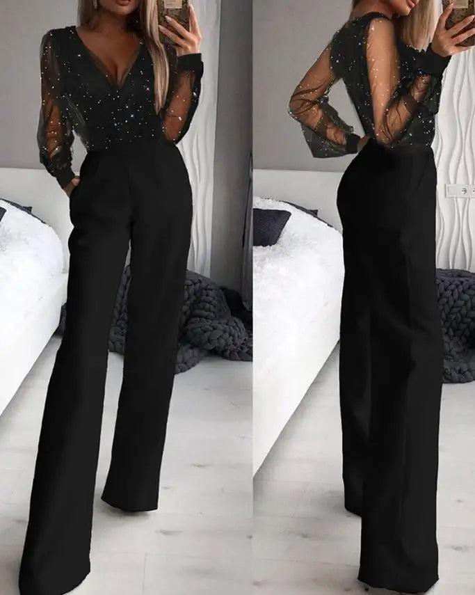 Elegant Women's Jumpsuit 2022 Autumn Fashion Contrast Mesh Long Sleeve Plain V-Neck Party Long Jumpsuit-THAT FASHION STORE