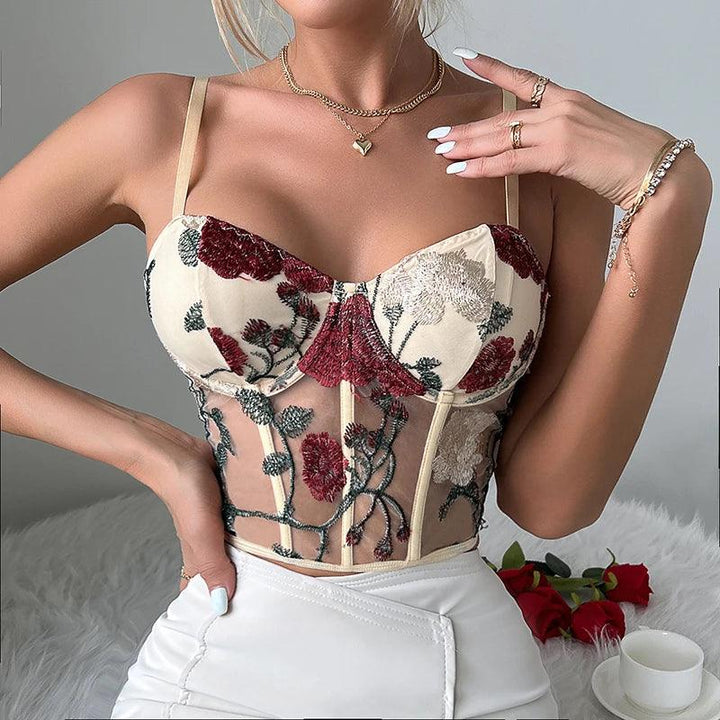 Women Mesh Hollow Out Sexy Crop Tops Flower Embroidery Sweet Tank Top Spaghetti Camis Streetwear Tube Top Spring Summer-THAT FASHION STORE