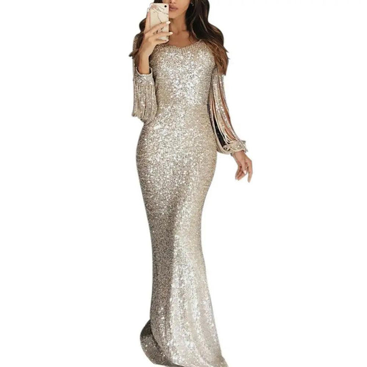 Elegant Ladies Vestidos Plus Size Chic Women Tassel Lantern Sleeve Sequined Tassel Long Sleeve V Neck Bodycon Party Maxi Dress-THAT FASHION STORE