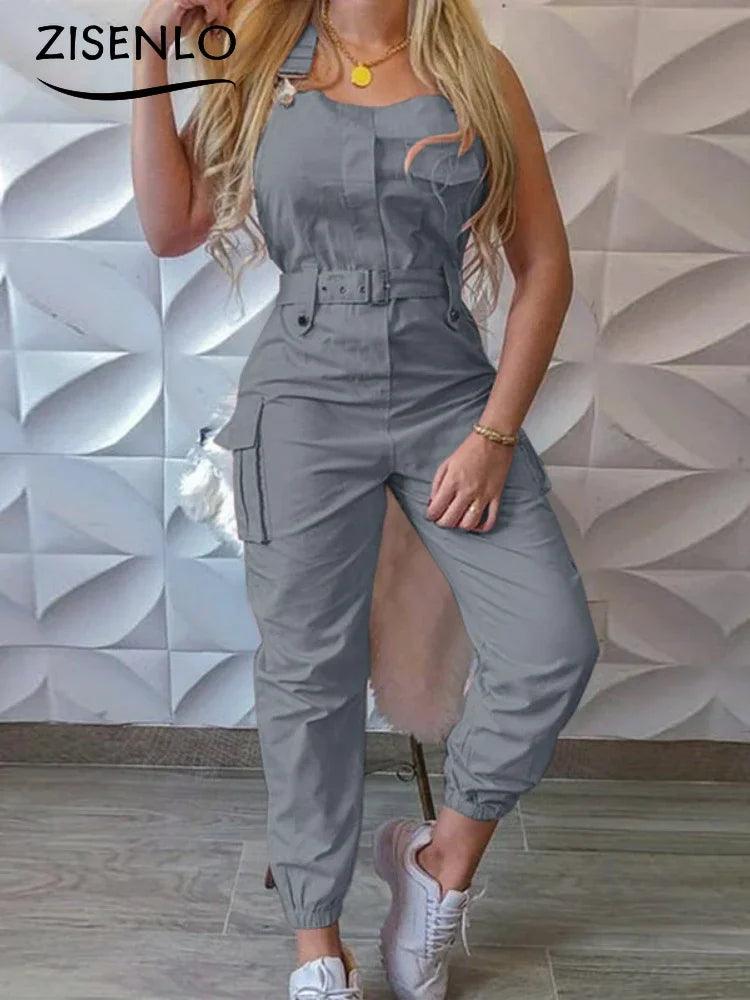 Long Jumpsuits Summer Belt Type Sleeveless Work Jumpsuits Solid Color Casual Trousers Chic and Elegant Woman Overalls One Pieces-THAT FASHION STORE