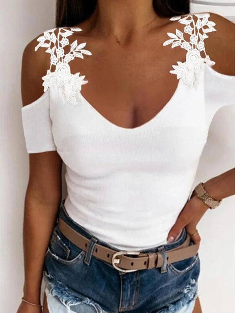 Sexy Off Shoulder Lace Short sleeved Women's Solid V-neck T-shirt Top-THAT FASHION STORE