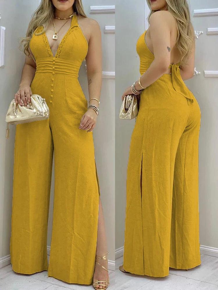 Split Hem Halter Backless Jumpsuit-THAT FASHION STORE