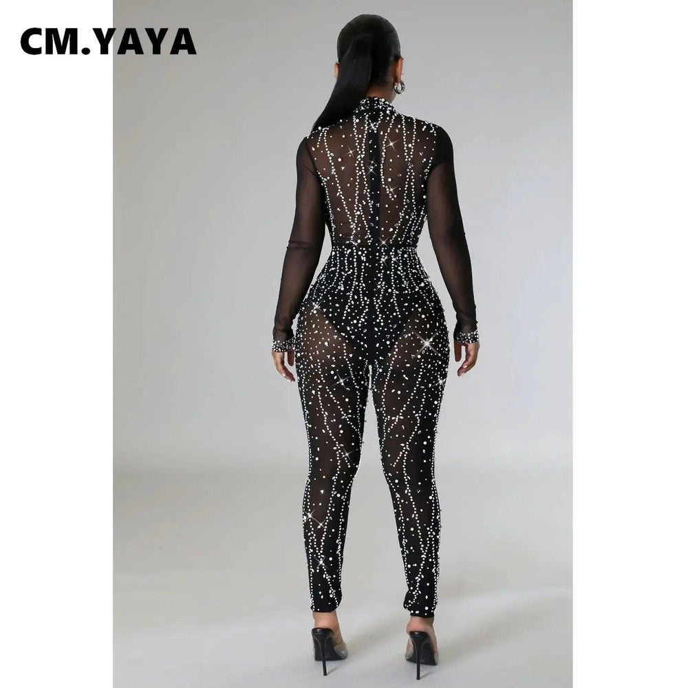 CM.YAYA Women Mesh See Though Diamond Hot Rhinestones Long Sleeve Jumpsuit 2024 Chic Sexy Party One Piece Suit Romper Playsuit-THAT FASHION STORE