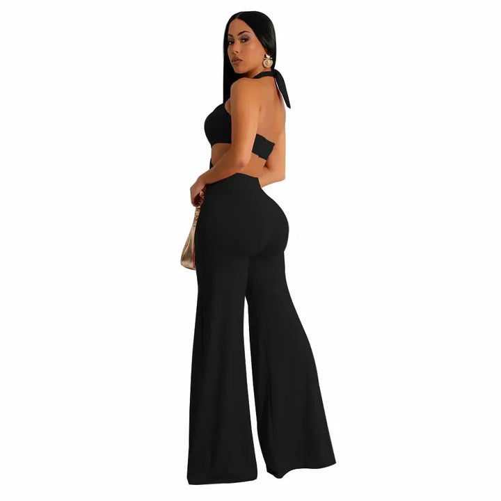 Jumpsuit Women 2024 Summer Fashion Solid Color Halter Cutout Waist Casual High Waist Sleeveless Daily Wide Leg Long Jumpsuit - THAT FASHION STORE