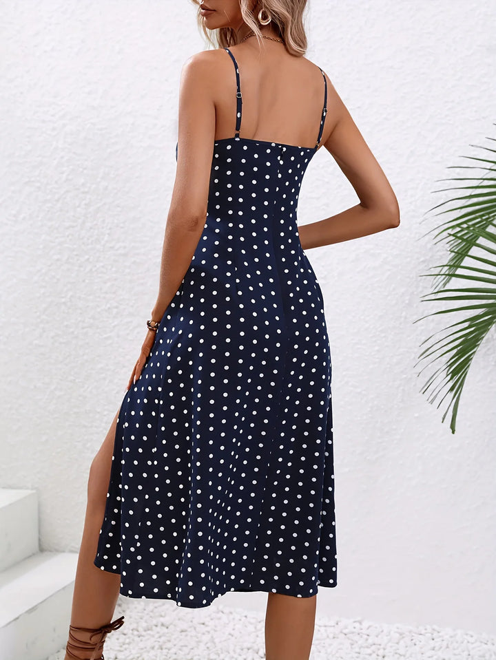 2024 Summer Sexy Spaghetti Straps Dress Women Fashion Polka Dot Print Sleeveless Slit Dress Boho Casual Beach Midi Dresses - THAT FASHION STORE