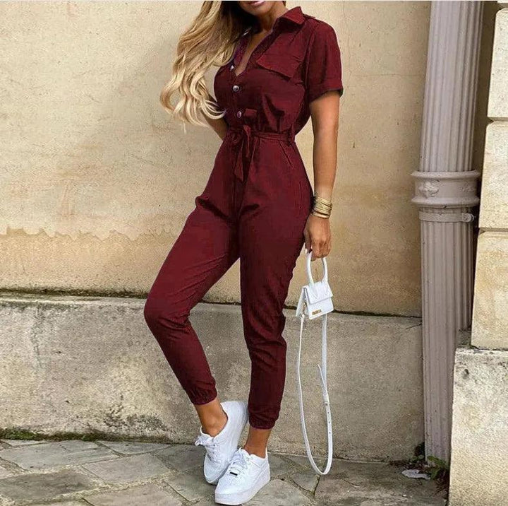 Summer Women's New Fashion Flip Collar Button Print Belt Lace Up Work Dress Casual Capris Jumpsuit Office-THAT FASHION STORE