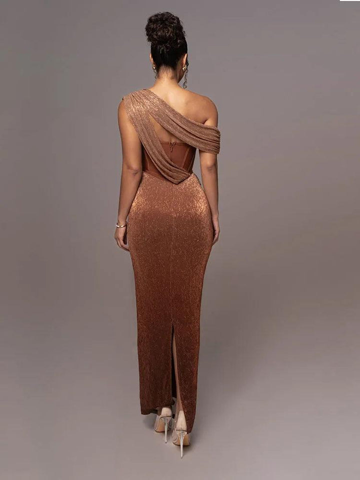 Sexy One Shoulder Draped Glitter Long Dress Women Brown Corset Sparkly Backless Bodycon Maxi Dresses Evening Party Gowns-THAT FASHION STORE