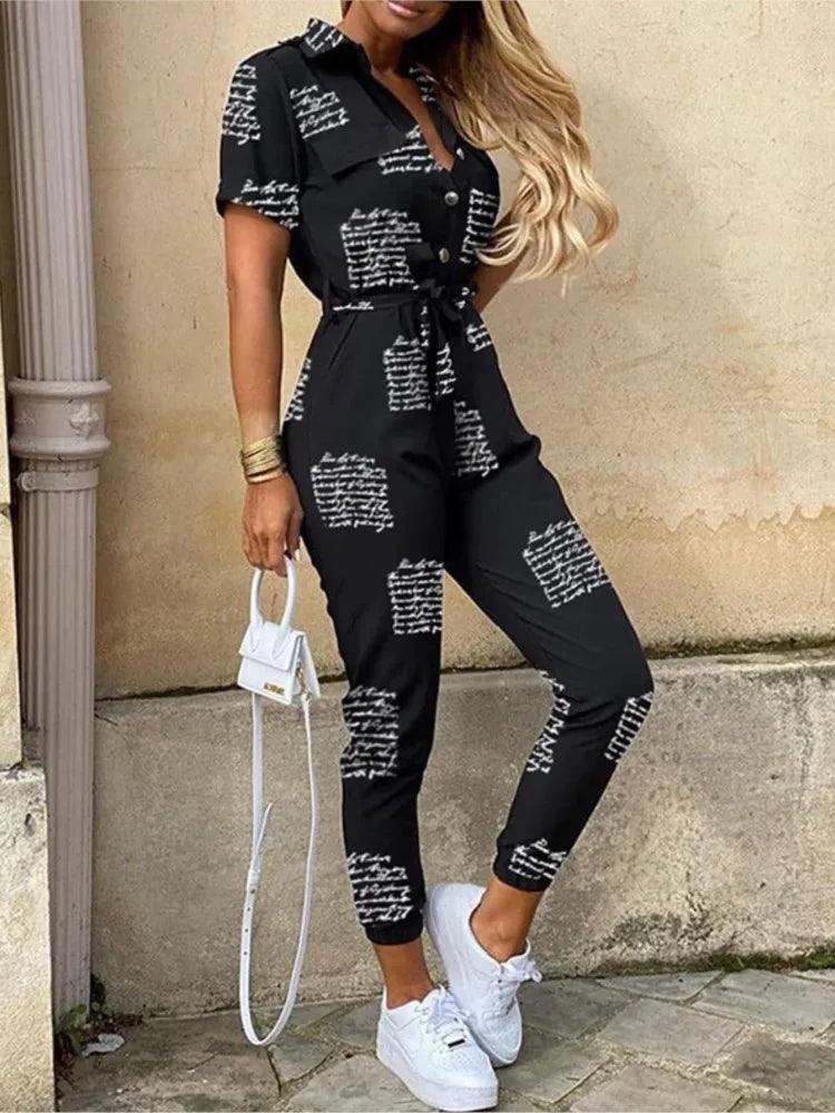 Summer Women's New Fashion Flip Collar Button Print Belt Lace Up Work Dress Casual Capris Jumpsuit Office-THAT FASHION STORE