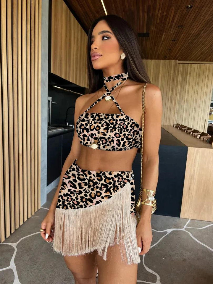 2024 Sexy Tassel Women Two Piece Skirt Halter Lace Bra Tassel Mini Skirt Suit Beach Vacation Casual Female Bathing Suit Summer-THAT FASHION STORE