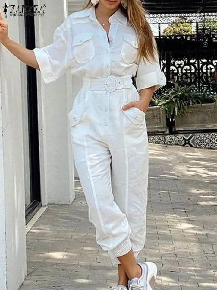 ZANZEA Fashion Women Jumpsuits Elegant Solid Cargo Rompers Casual Lapel Neck 3/4 Sleeve Long Overalls Female Party Playsuits-THAT FASHION STORE