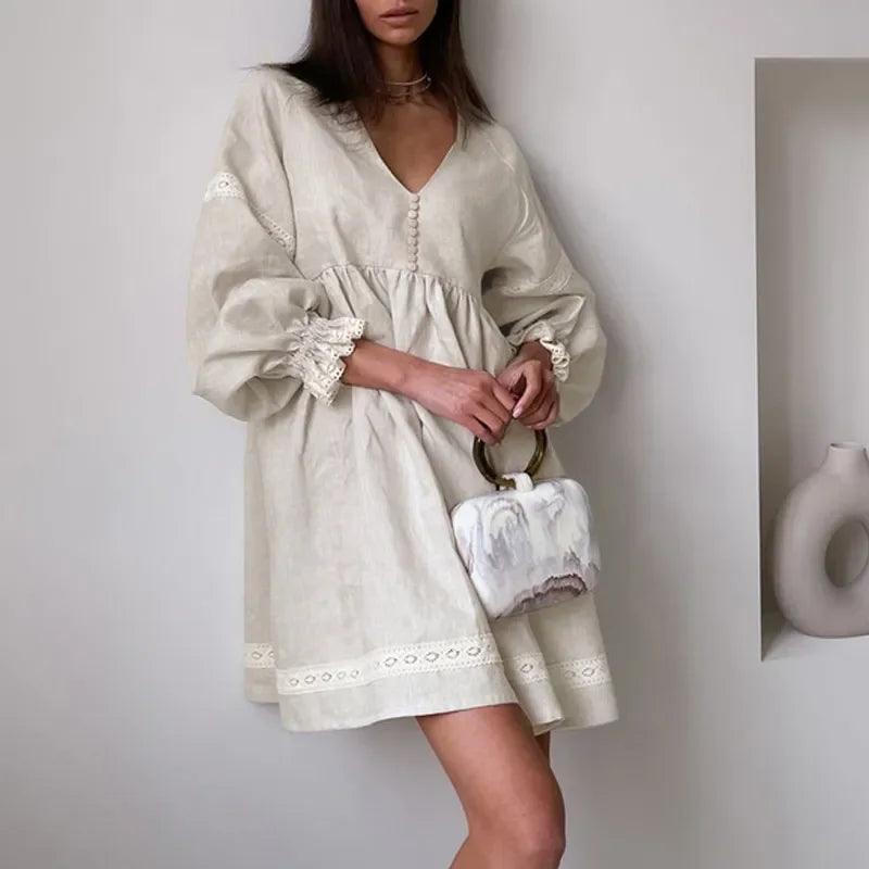 Summer Cotton Linen French Style Dress Commuter Fashion Patchwork Lace Casual Loose Dress Women Sexy V Neck Lantern Sleeve Dress-THAT FASHION STORE