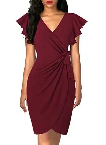 Bodycon Sexy Summer Dress Cocktail Faux Wrap Deep V Neck Ruffle Sleeve Ruched Party Work Formal Wedding Dresses for Women-THAT FASHION STORE