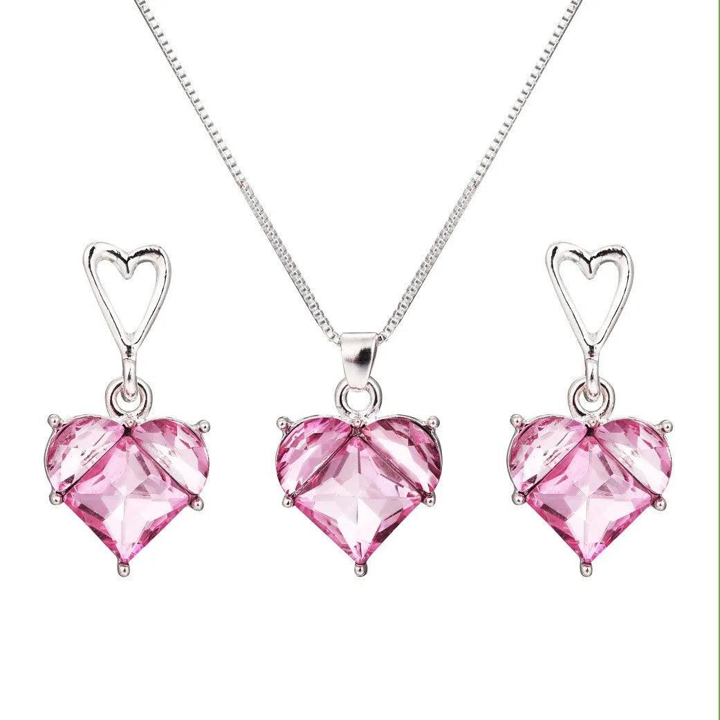 New Fashion Earrings Necklaces Set for Women Heart-shaped Zircon Pink Crystal Pendant Necklace Women's Jewelry Exquisite Gifts-THAT FASHION STORE