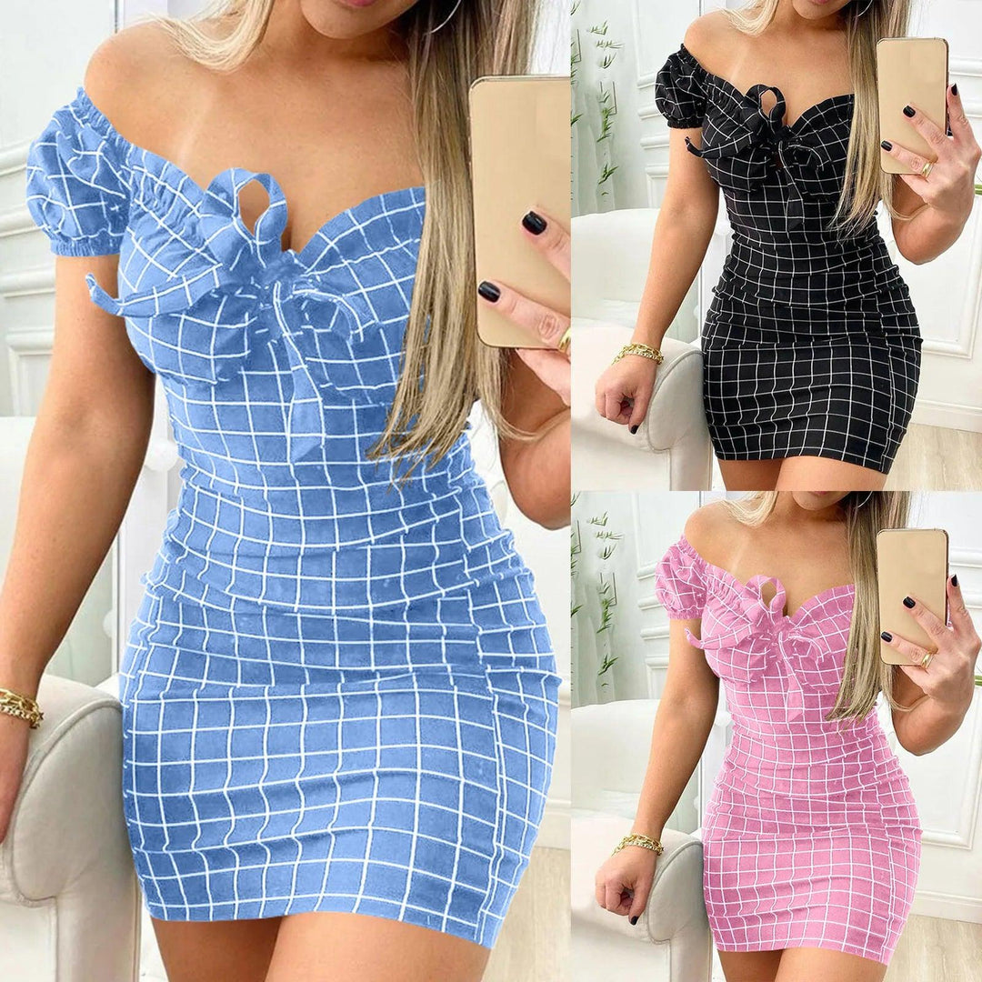 New Short Sexy Sleeve Mini Dress Women Summer Off Shoulder Bow Plaid Print Elegant Party Bodycon Dresses For Women 2024-THAT FASHION STORE