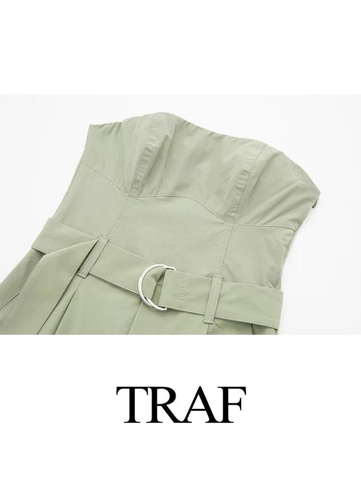 TRAF 2023 New Women Fashion Y2K Jumpsuit Solid Green With Belt Sleeveless Green Cargo Pants Loose Chic Female Clothing Street-THAT FASHION STORE